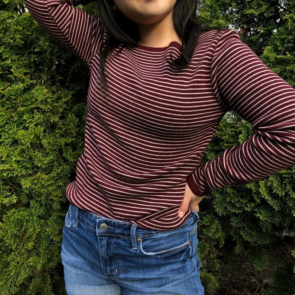 Box Cut Striped Maroon Knit Sweater